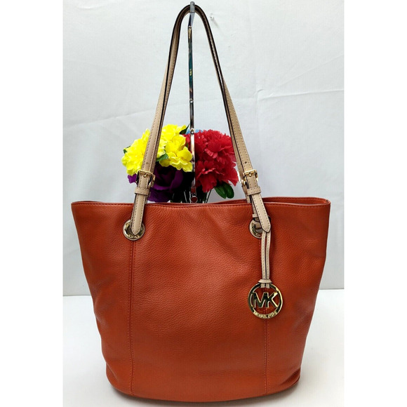 Michael Kors Jet Set Salmon Orange Pebbled Leather Double Handle Tote Bag - Picture 1 of 16